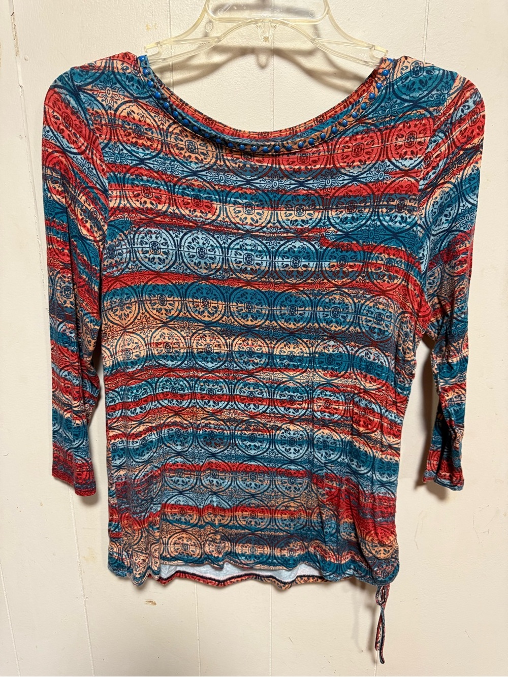 Ruby Rd. Striped Medallion Boatneck Long Sleeve Top in Blue & Red
